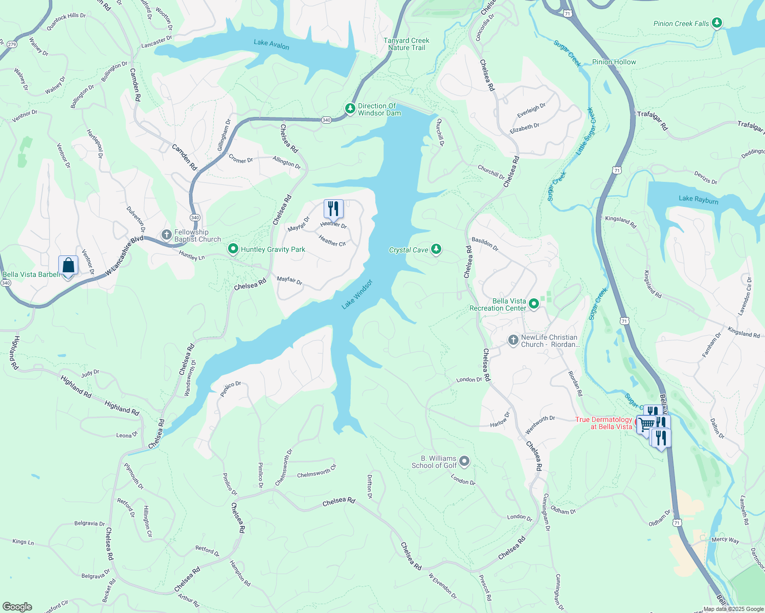 map of restaurants, bars, coffee shops, grocery stores, and more near 15 Winstone Lane in Bella Vista
