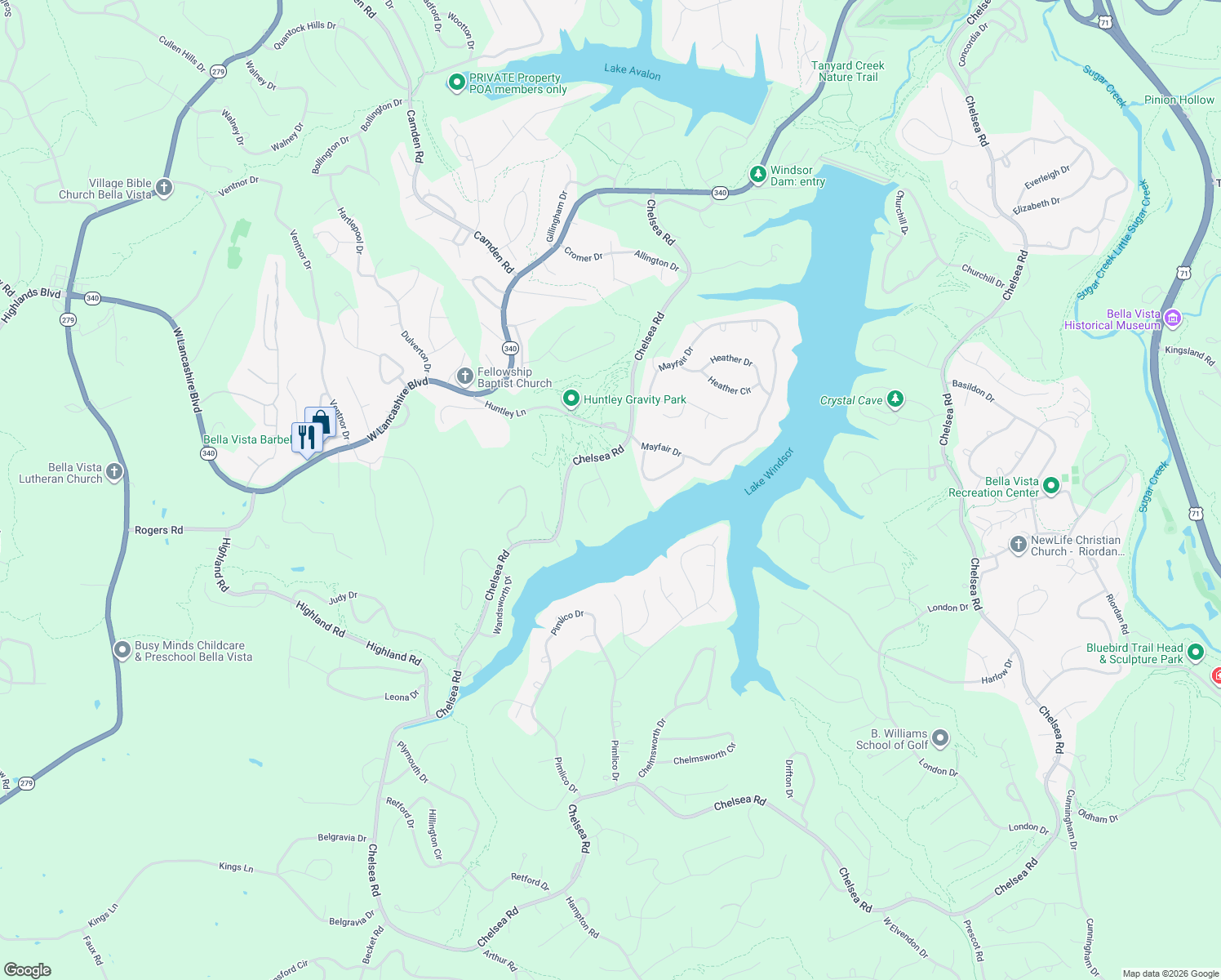 map of restaurants, bars, coffee shops, grocery stores, and more near 11 Folkingham Lane in Bella Vista