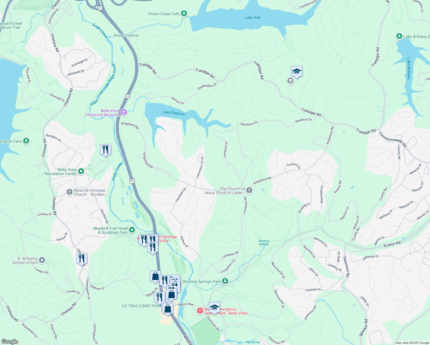 map of restaurants, bars, coffee shops, grocery stores, and more near 20 Donington Lane in Bella Vista