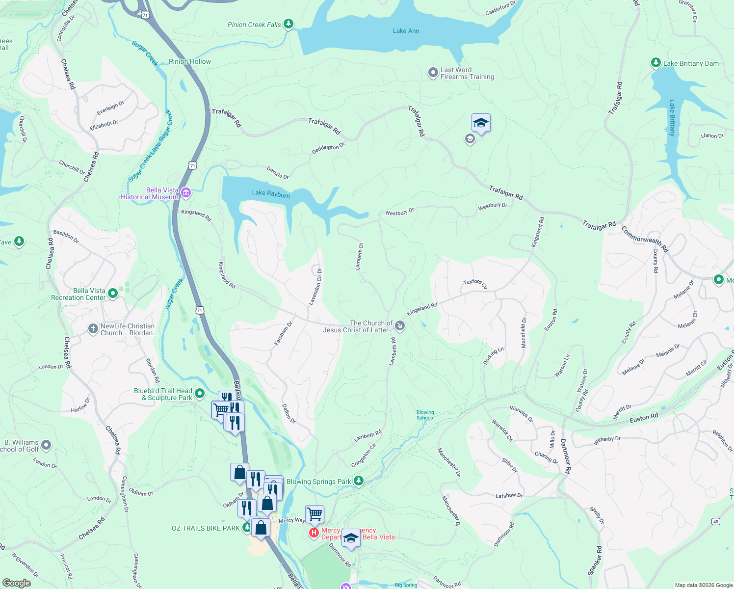 map of restaurants, bars, coffee shops, grocery stores, and more near 6 Lambeth Circle in Bella Vista