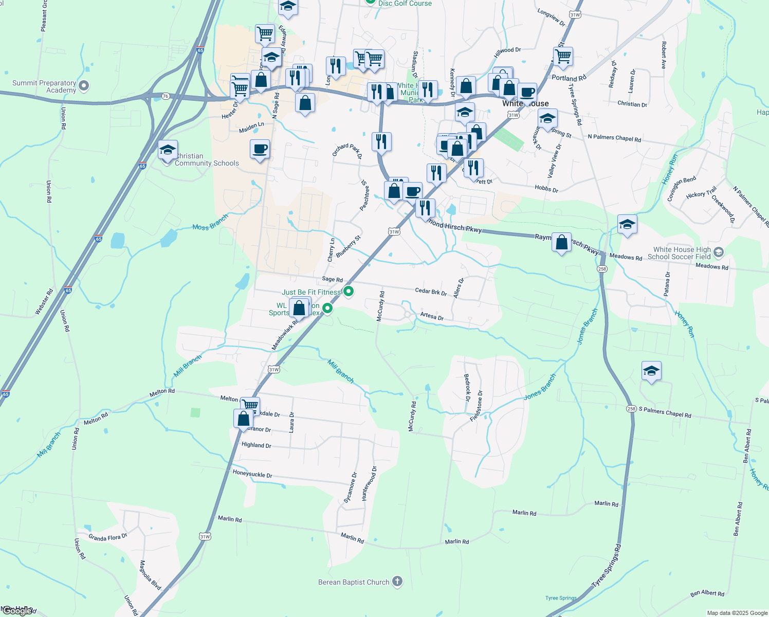 map of restaurants, bars, coffee shops, grocery stores, and more near 100 Cambria Dr in White House