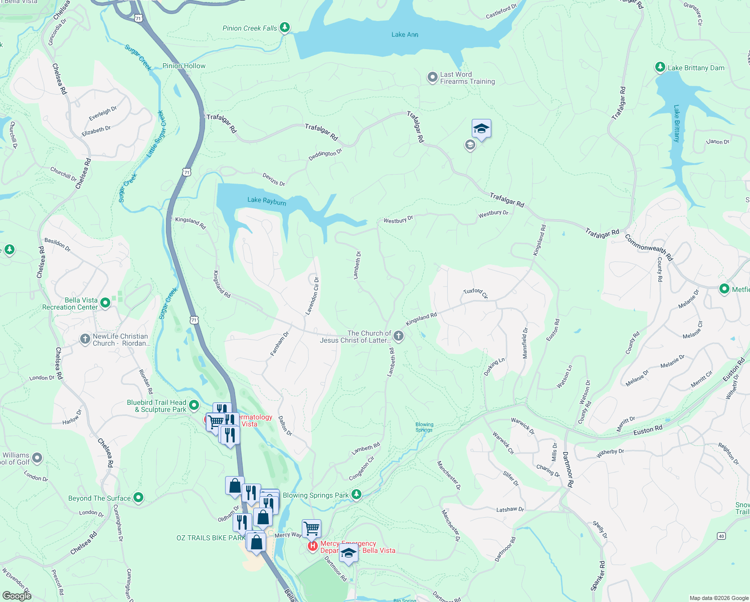 map of restaurants, bars, coffee shops, grocery stores, and more near 1 Lambeth Circle in Bella Vista