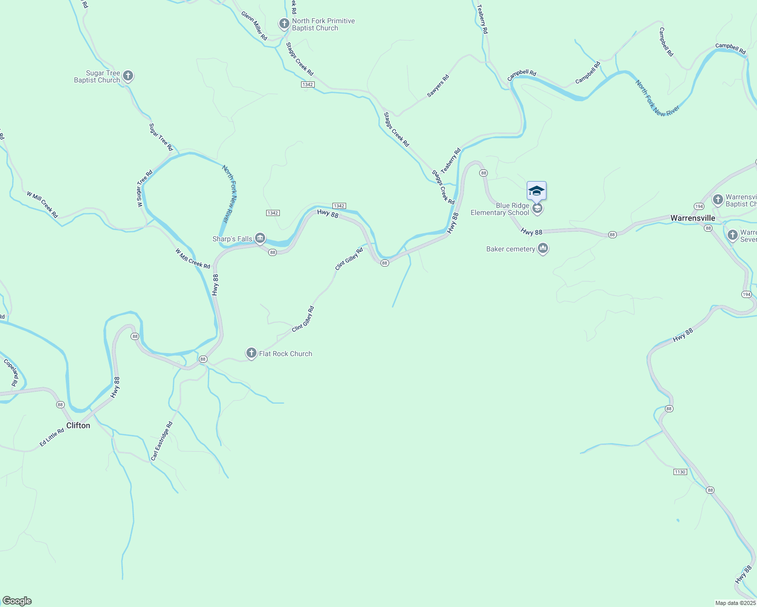 map of restaurants, bars, coffee shops, grocery stores, and more near 380 Little Bucks Lane in Ashe