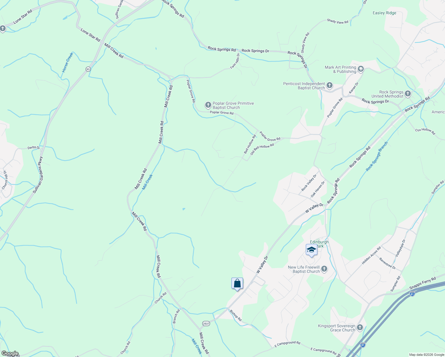 map of restaurants, bars, coffee shops, grocery stores, and more near 491 Bell Hollow Road in Kingsport