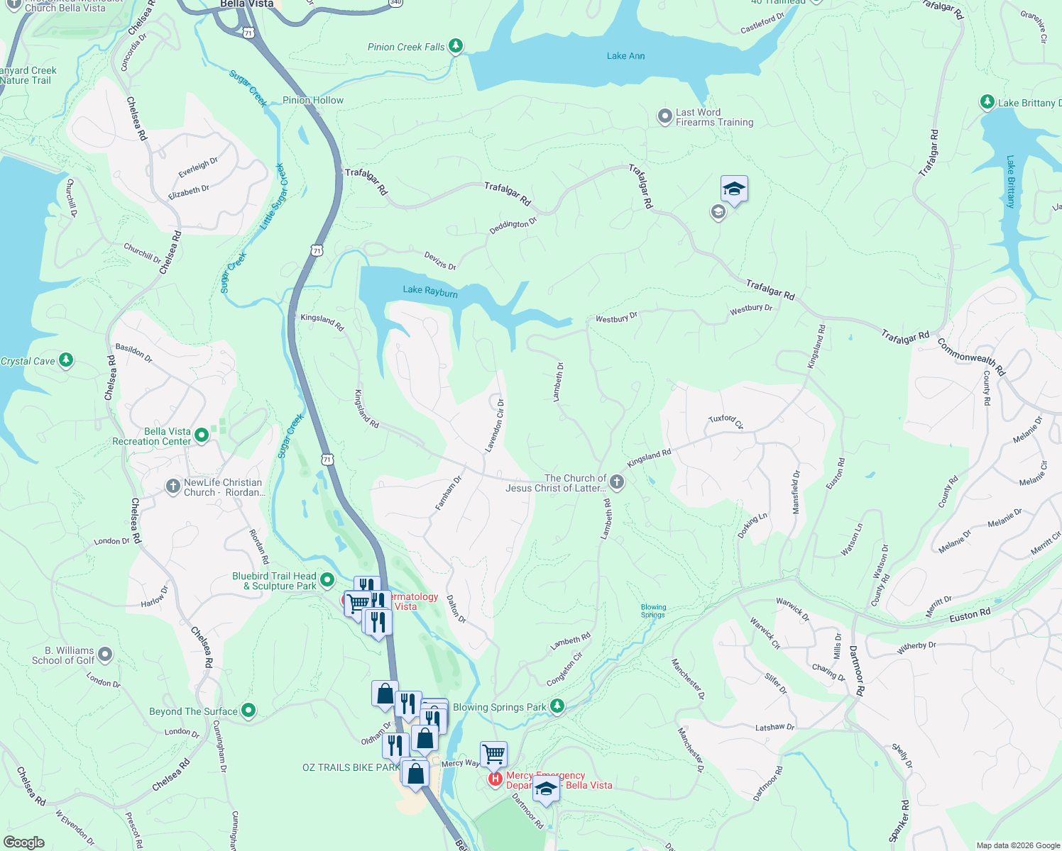 map of restaurants, bars, coffee shops, grocery stores, and more near 20 Donington Lane in Bella Vista