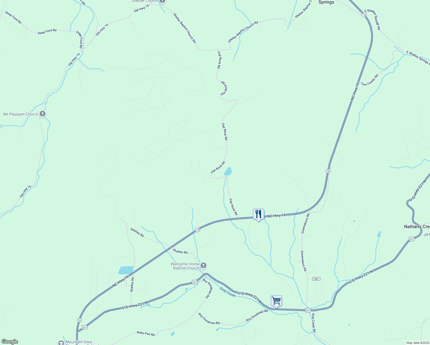 map of restaurants, bars, coffee shops, grocery stores, and more near 740 Flat Rock Road in Crumpler