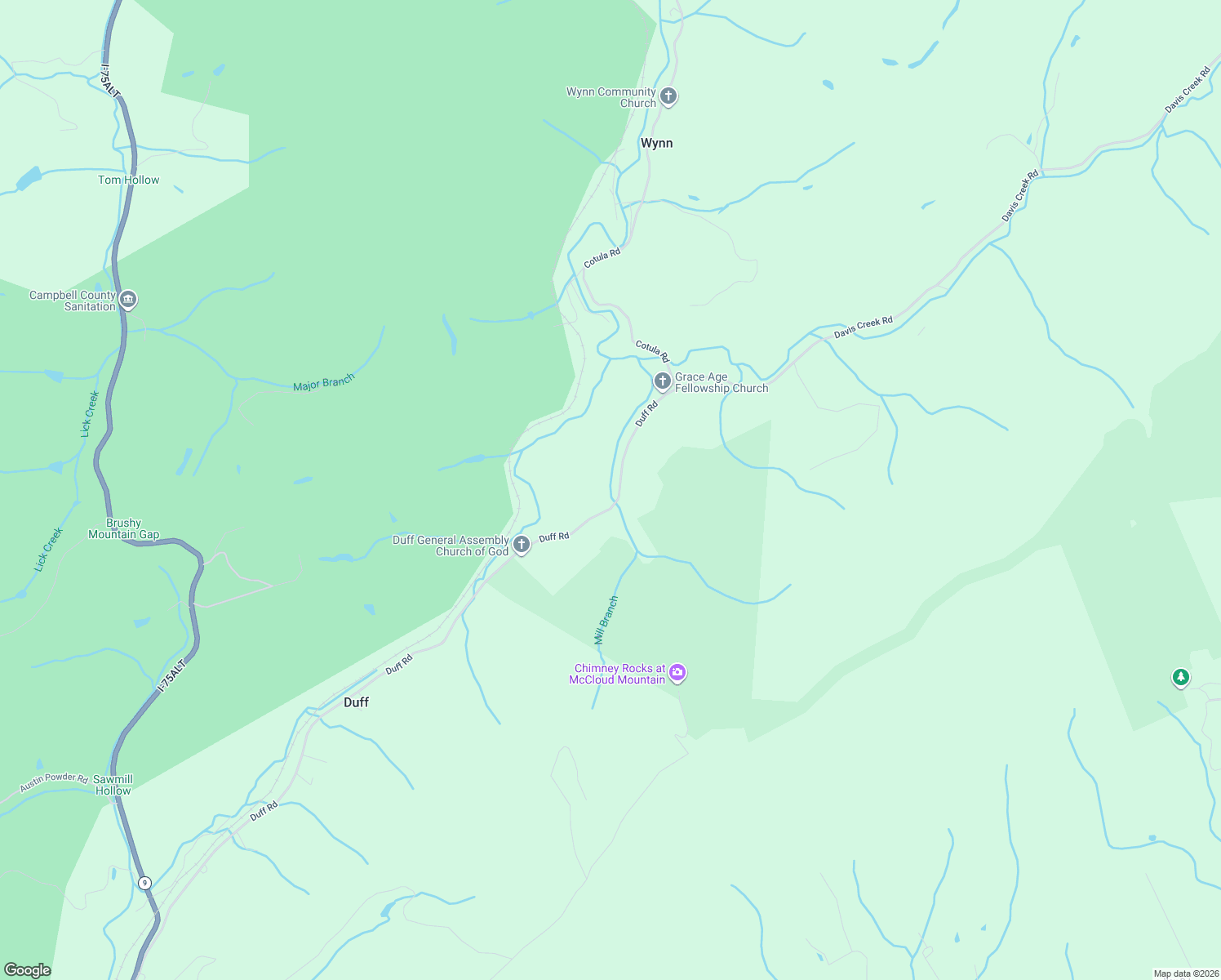 map of restaurants, bars, coffee shops, grocery stores, and more near 1171 Duff Road in LaFollette