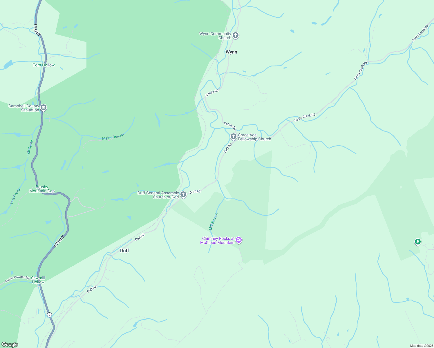 map of restaurants, bars, coffee shops, grocery stores, and more near 1171 Duff Road in LaFollette