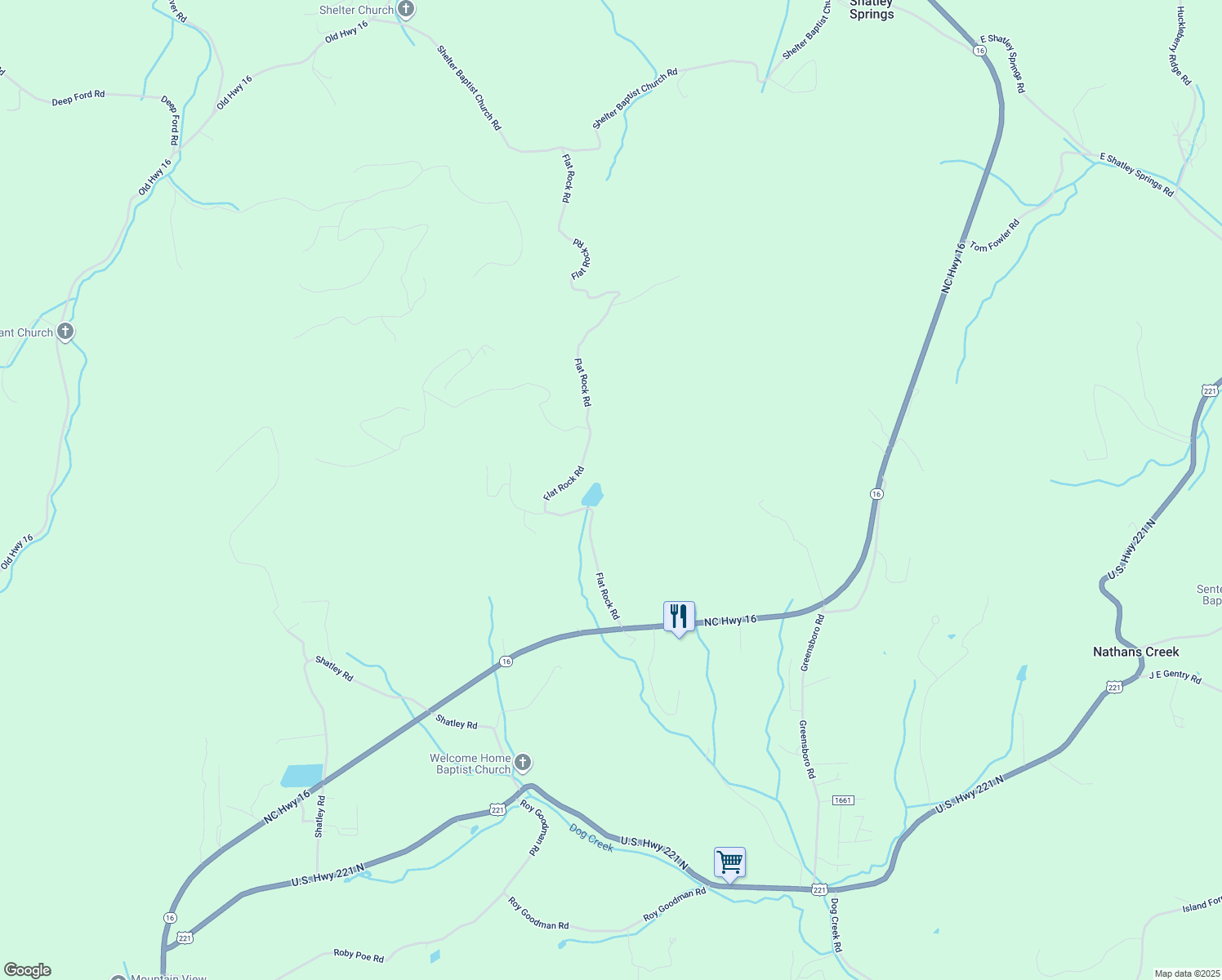 map of restaurants, bars, coffee shops, grocery stores, and more near 500 Flat Rock Road in Crumpler