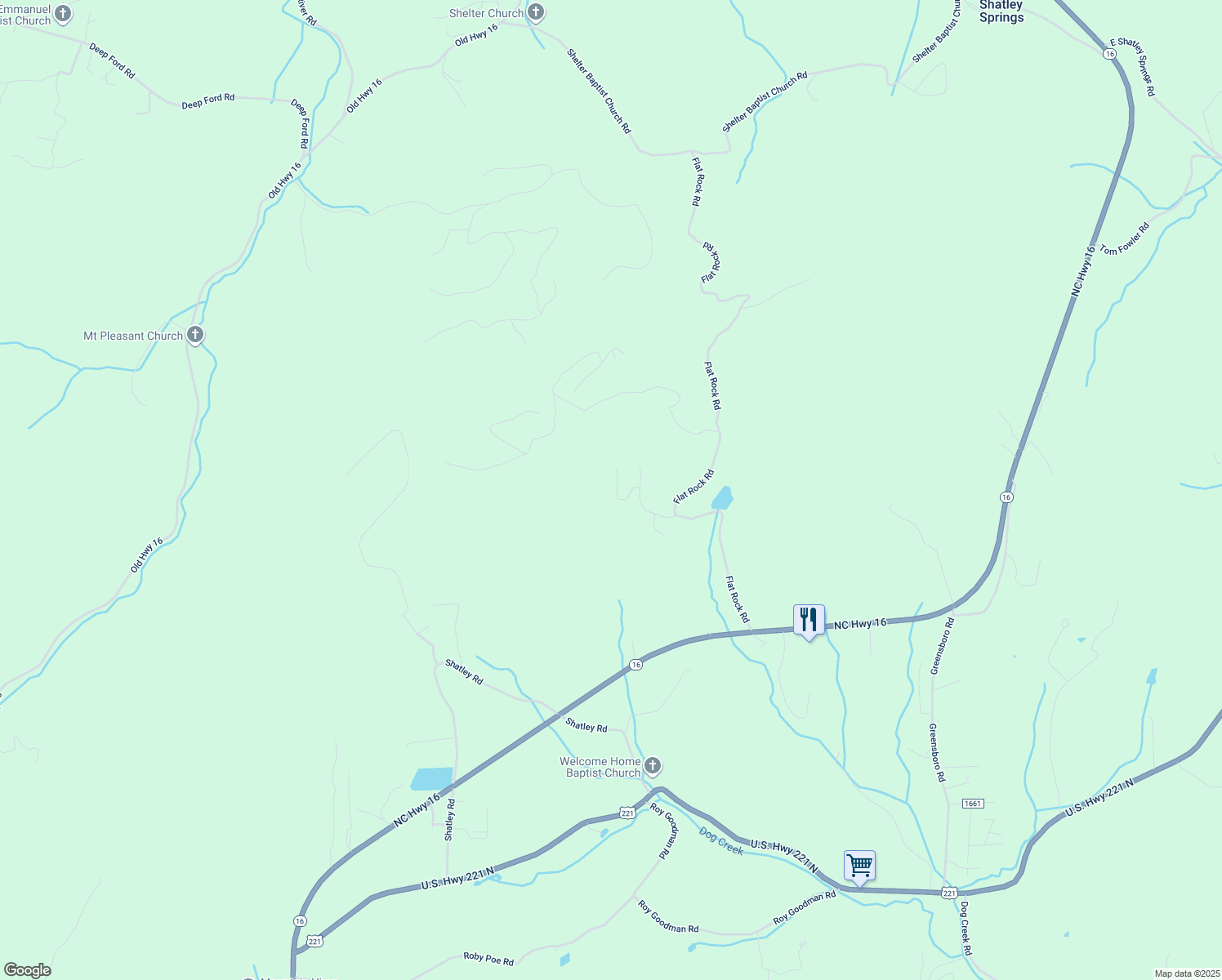 map of restaurants, bars, coffee shops, grocery stores, and more near 345 Flat Rock Acres in Crumpler