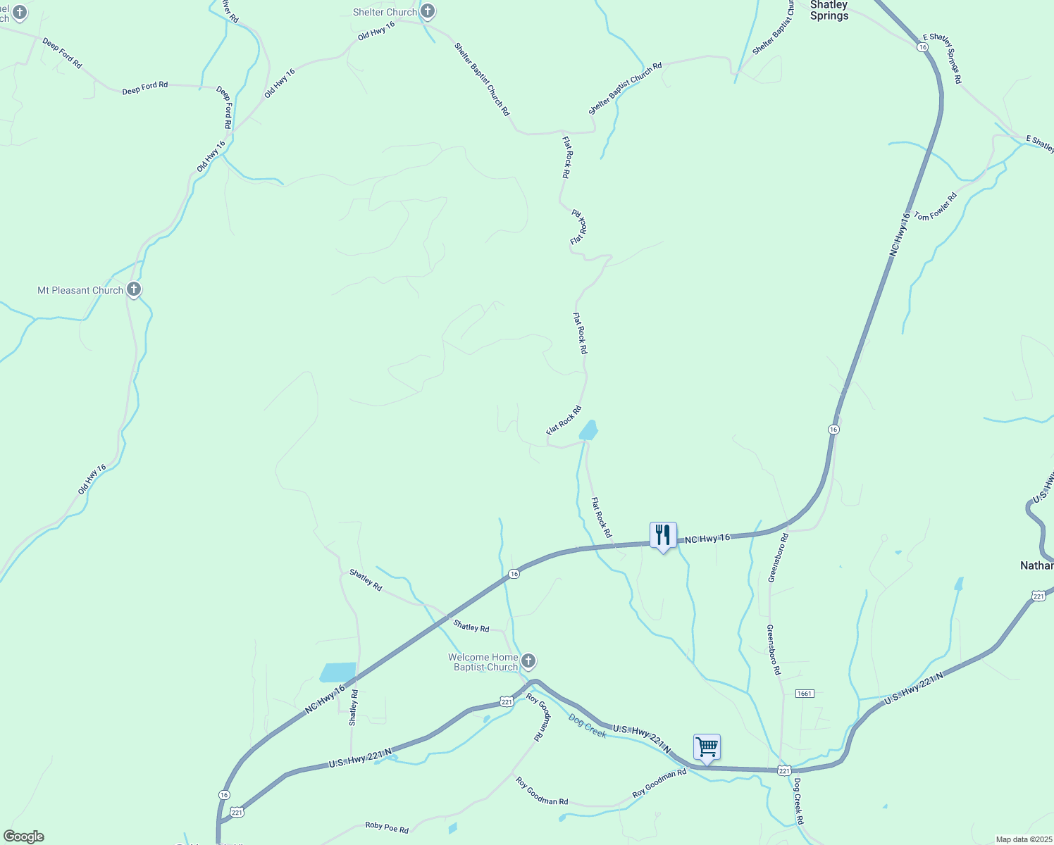 map of restaurants, bars, coffee shops, grocery stores, and more near 202 Flat Rock Acres Road in Crumpler