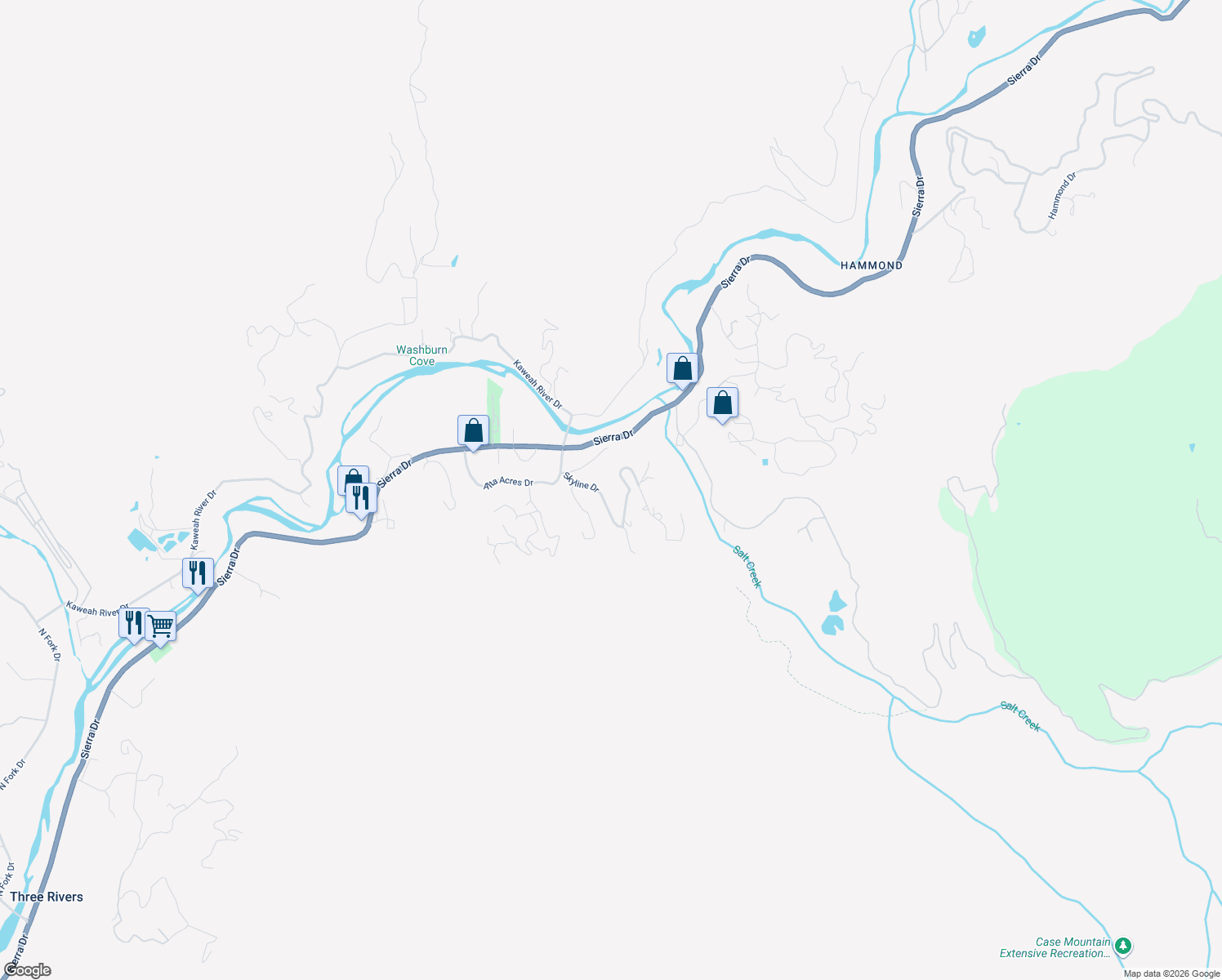 map of restaurants, bars, coffee shops, grocery stores, and more near 43641 Skyline Dr in Three Rivers