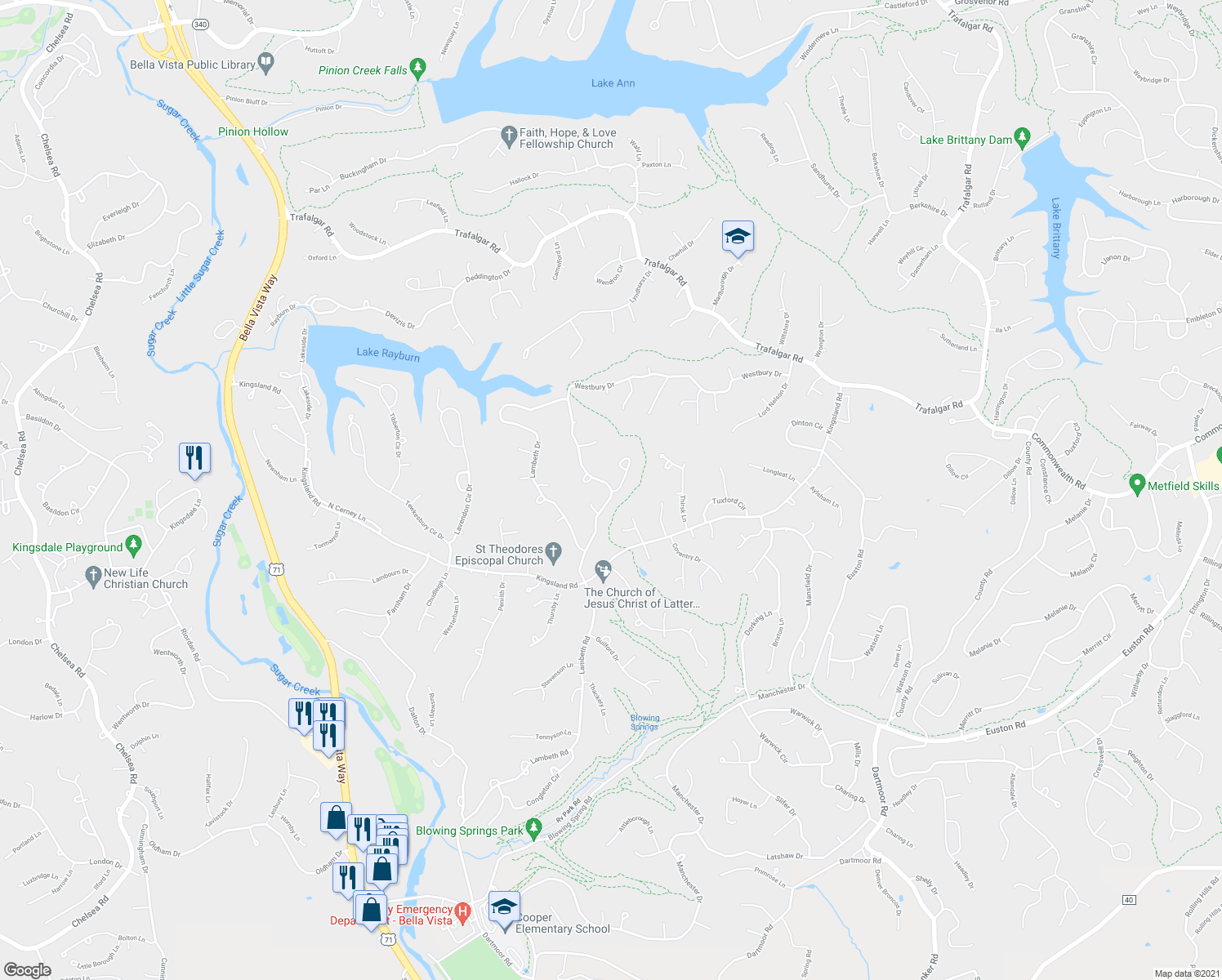 map of restaurants, bars, coffee shops, grocery stores, and more near 102 Westbury Drive in Bella Vista
