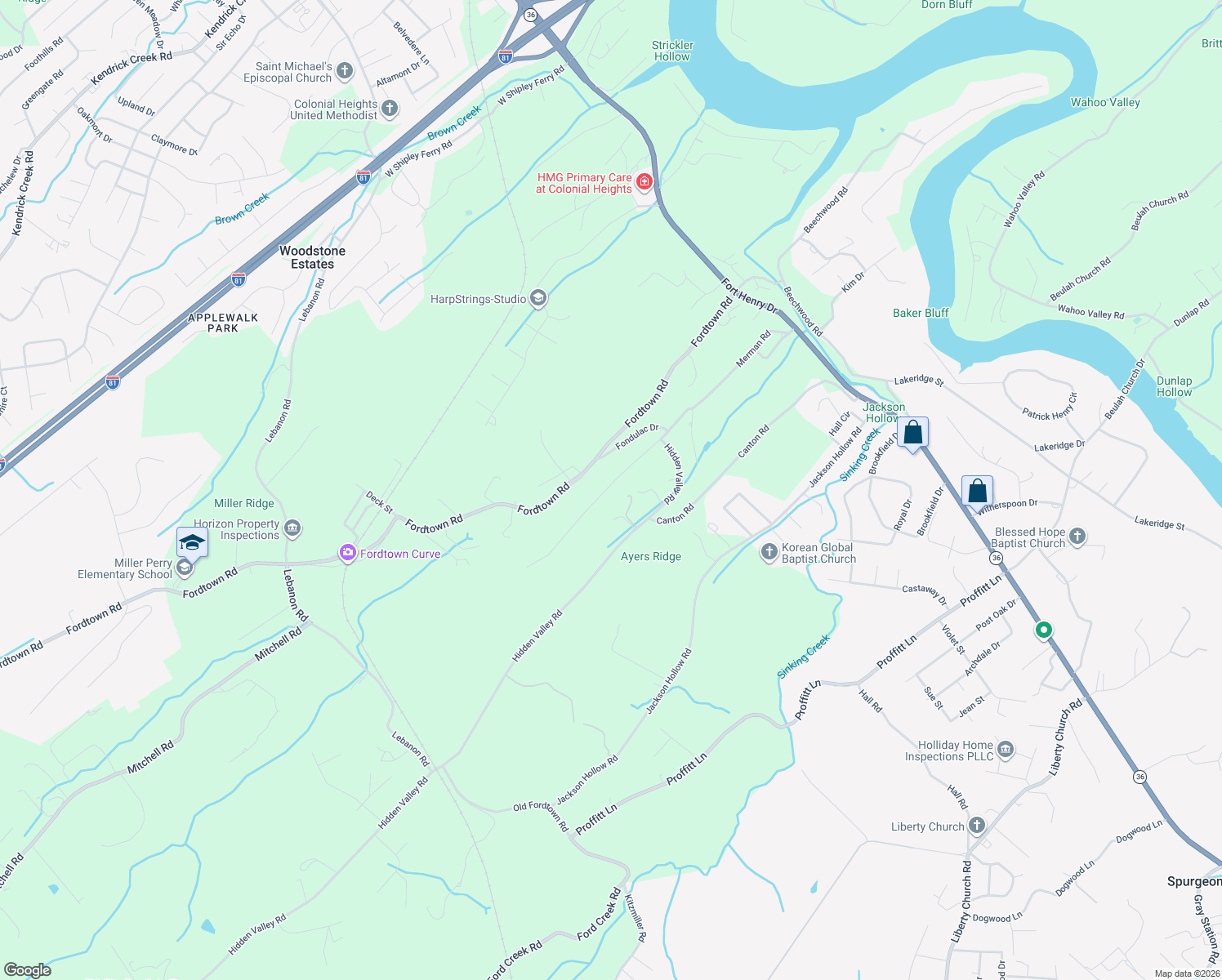 map of restaurants, bars, coffee shops, grocery stores, and more near 445 Merman Road in Kingsport