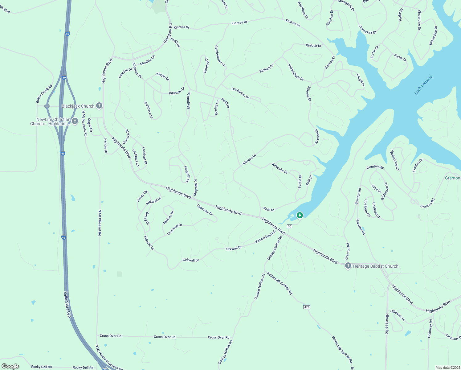 map of restaurants, bars, coffee shops, grocery stores, and more near Kinross Drive in Bella Vista