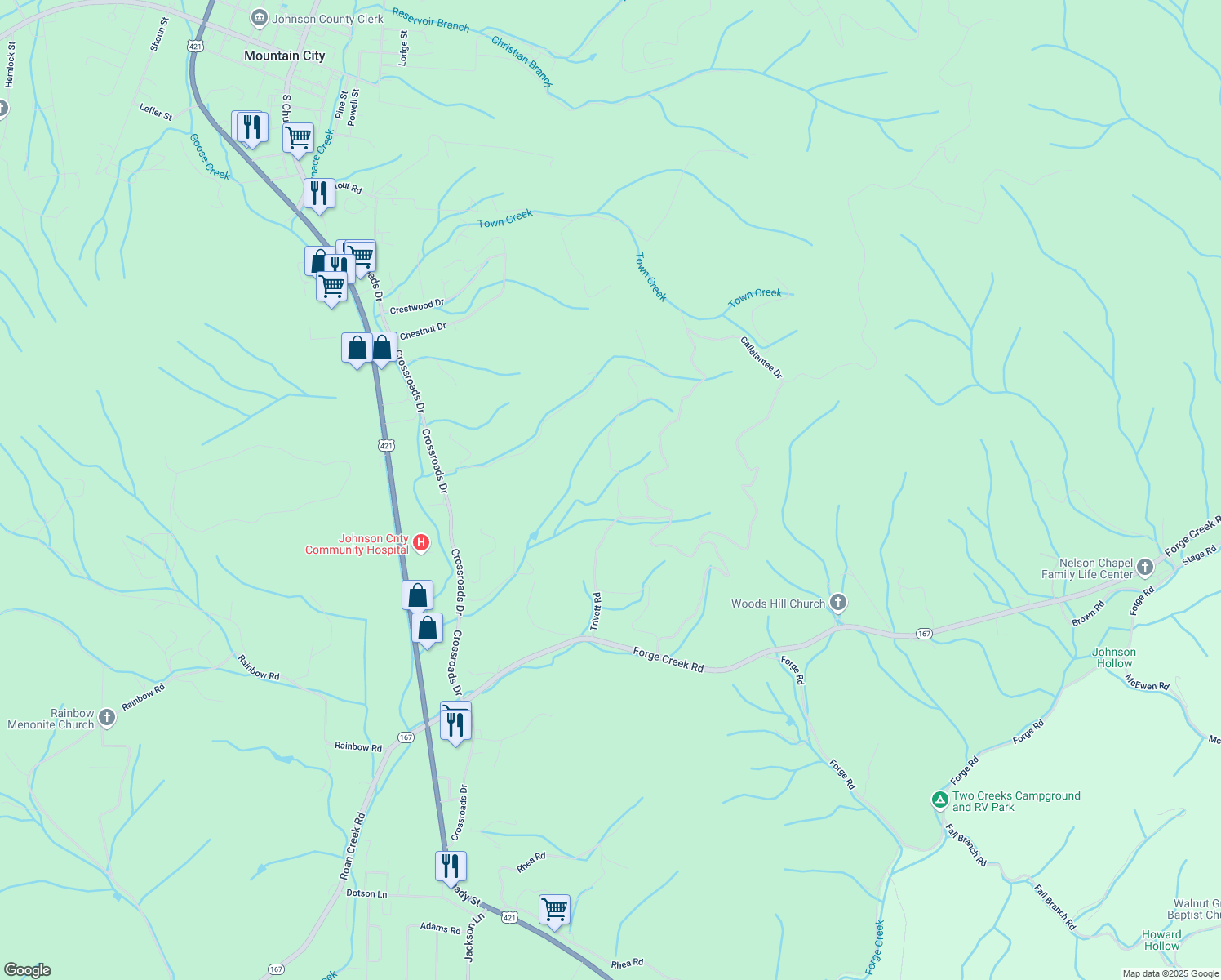 map of restaurants, bars, coffee shops, grocery stores, and more near 121 Mohawk Court in Mountain City