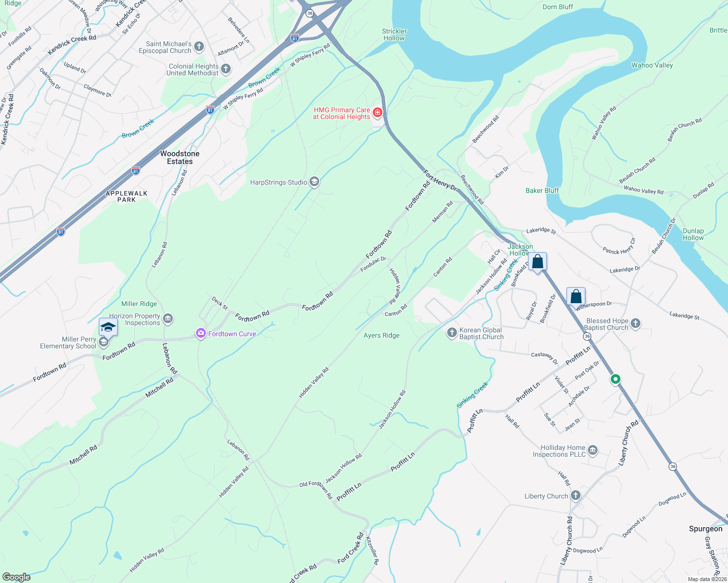 map of restaurants, bars, coffee shops, grocery stores, and more near 445 Merman Road in Kingsport