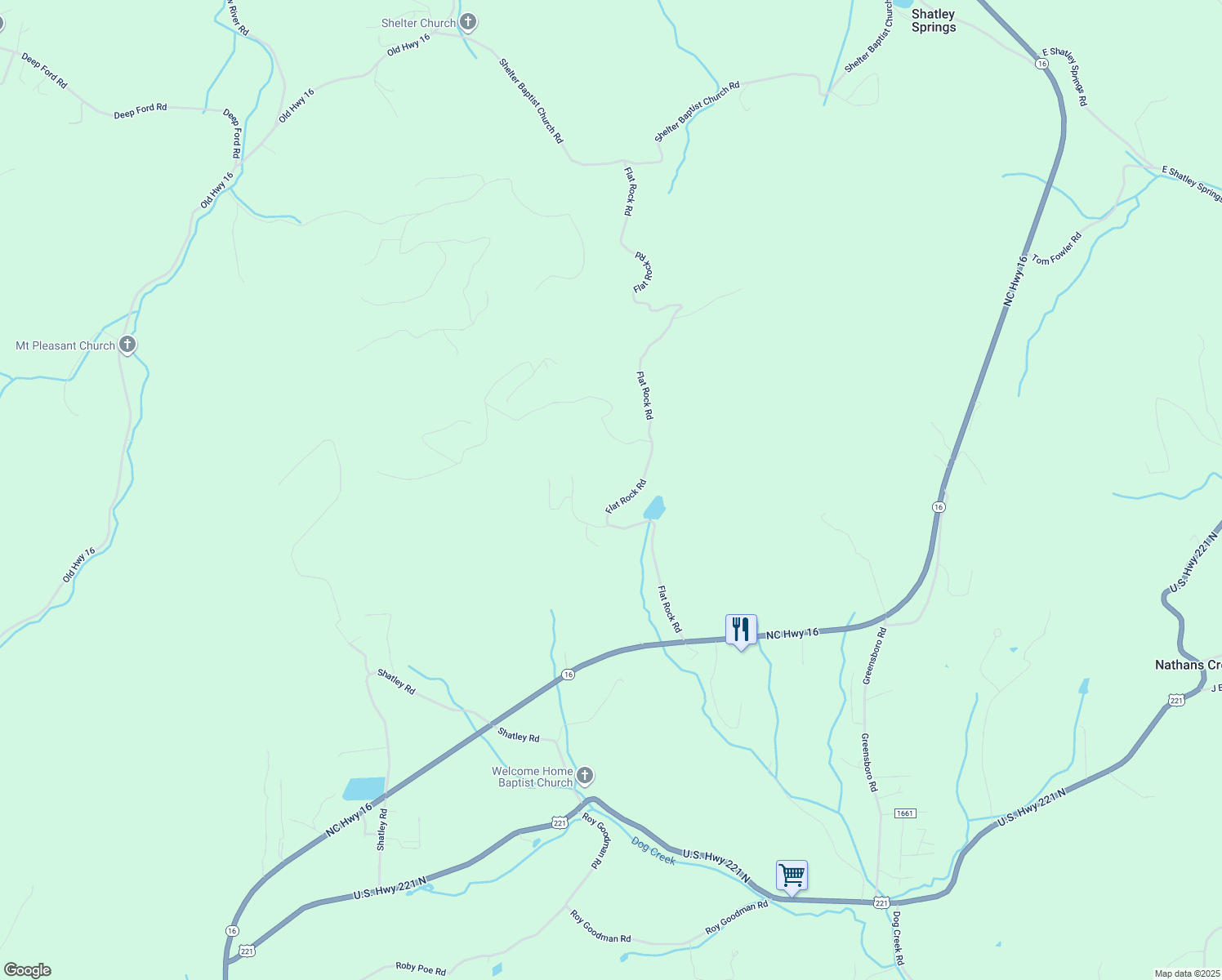 map of restaurants, bars, coffee shops, grocery stores, and more near 739 Flat Rock Road in Crumpler