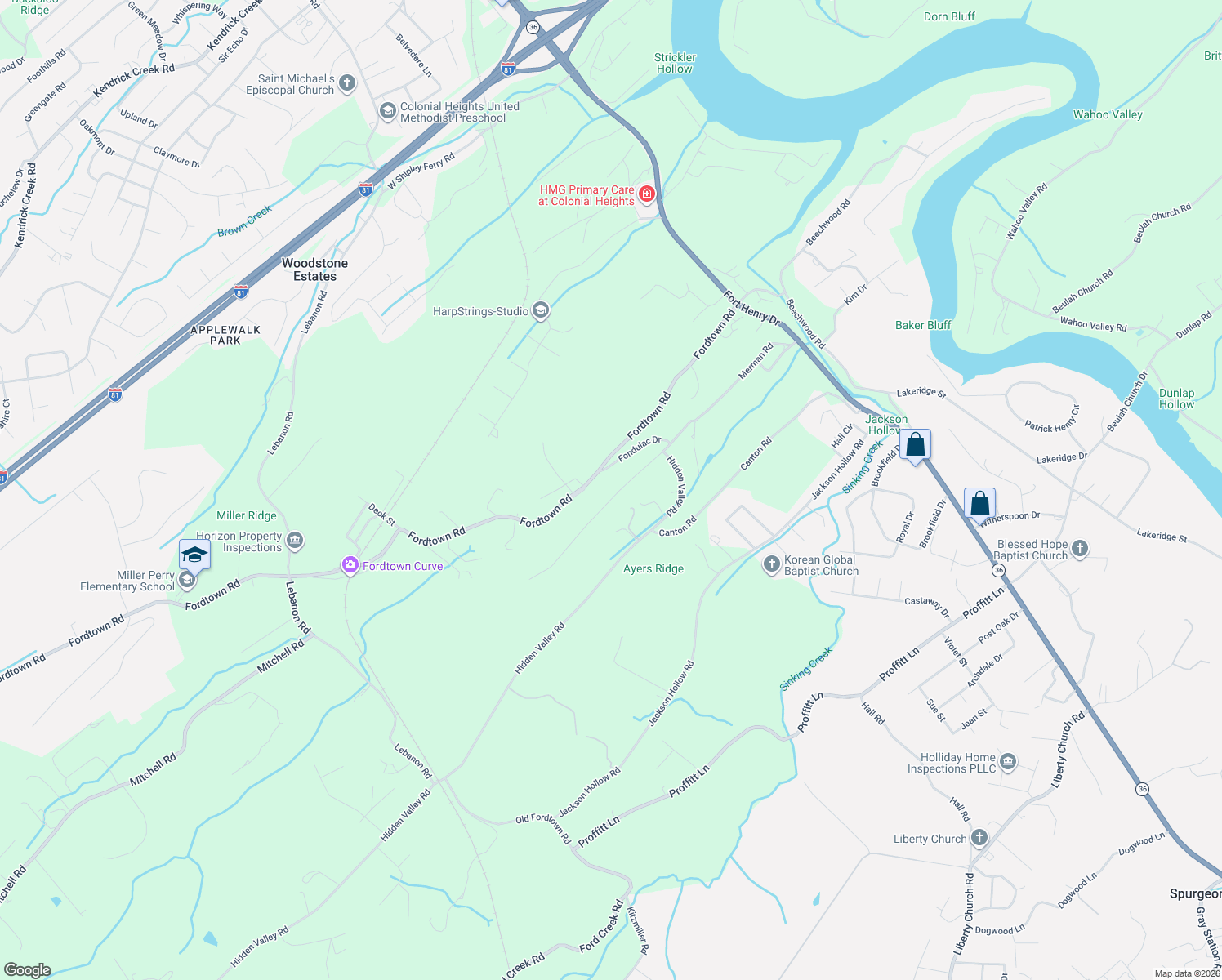 map of restaurants, bars, coffee shops, grocery stores, and more near 445 Merman Road in Kingsport