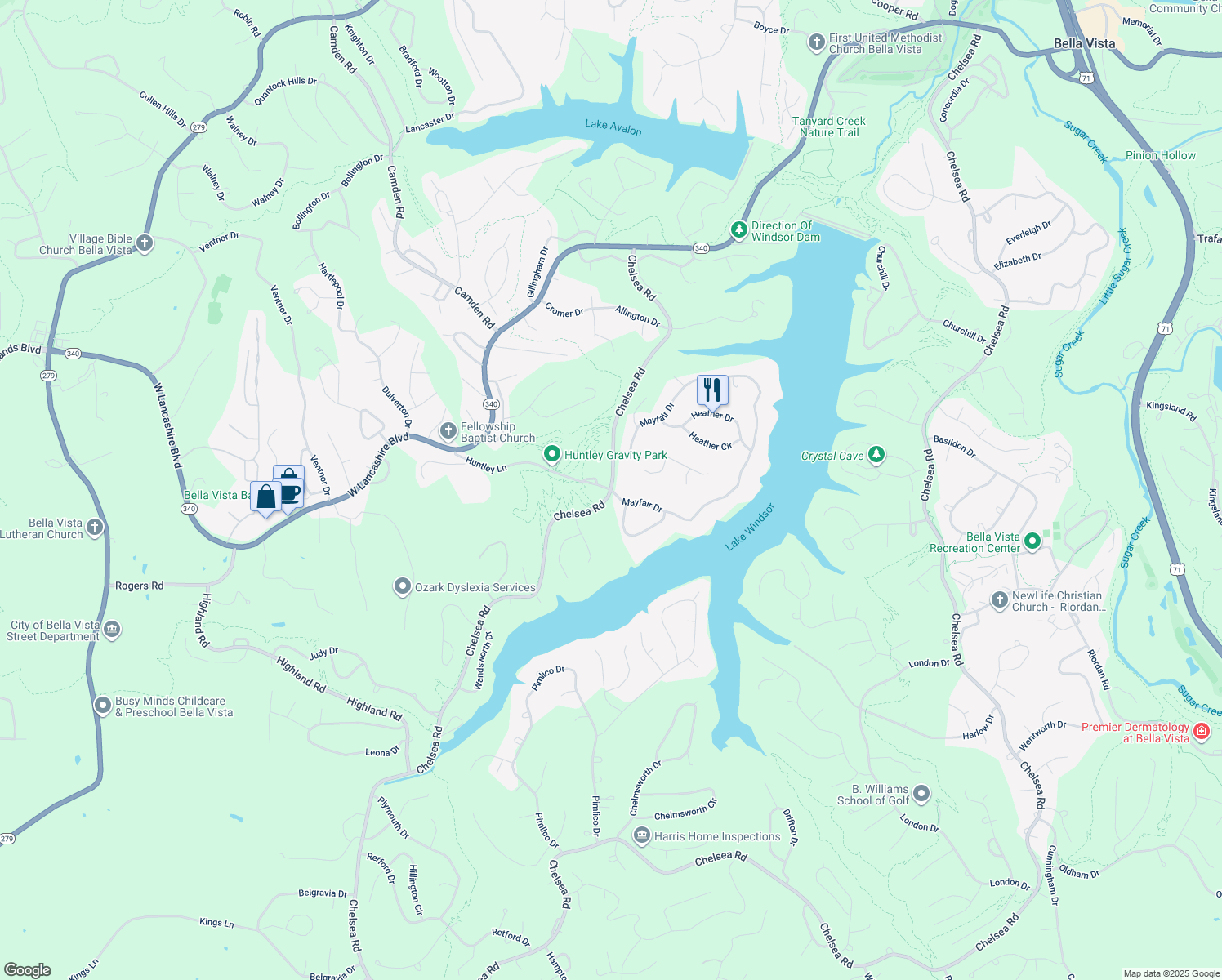 map of restaurants, bars, coffee shops, grocery stores, and more near Chelsea Road in Bella Vista