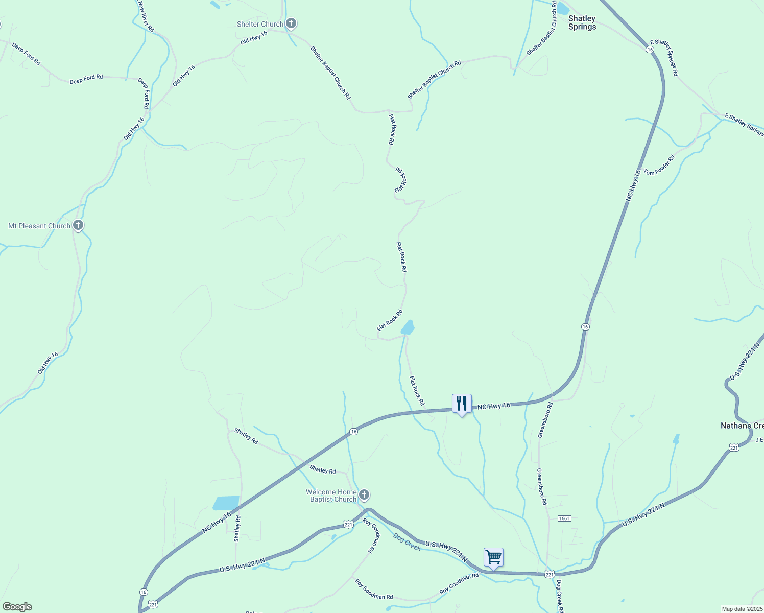 map of restaurants, bars, coffee shops, grocery stores, and more near 739 Flat Rock Road in Crumpler