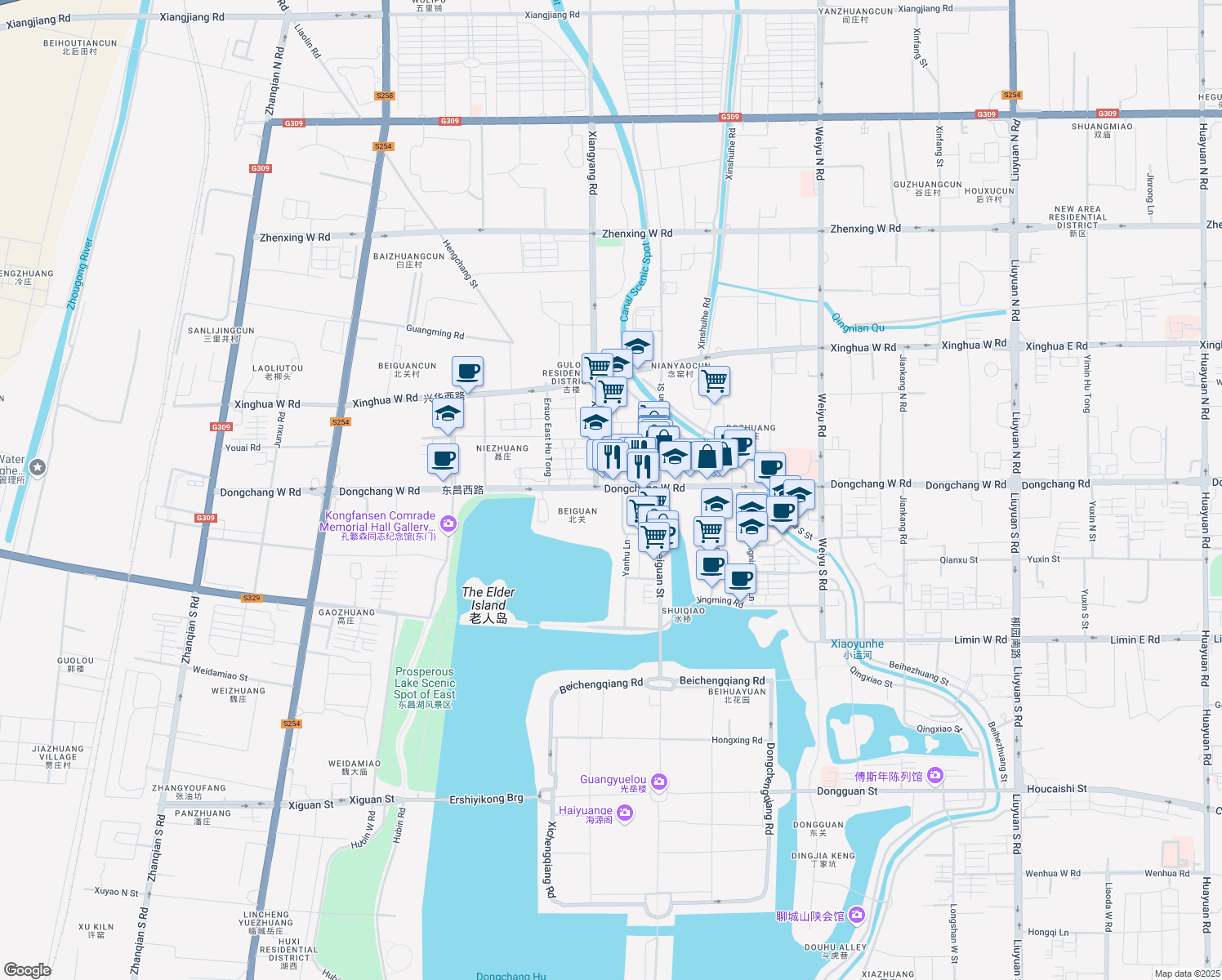 map of restaurants, bars, coffee shops, grocery stores, and more near Dong Chang Xi Lu in Liao Cheng Shi