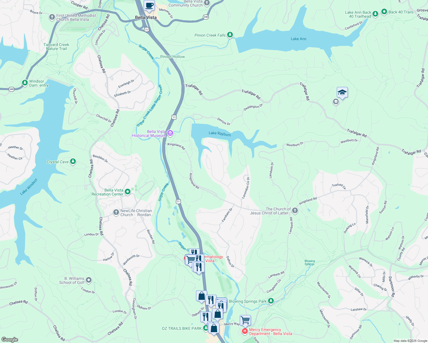 map of restaurants, bars, coffee shops, grocery stores, and more near 36 Tewkesbury Circle Drive in Bella Vista