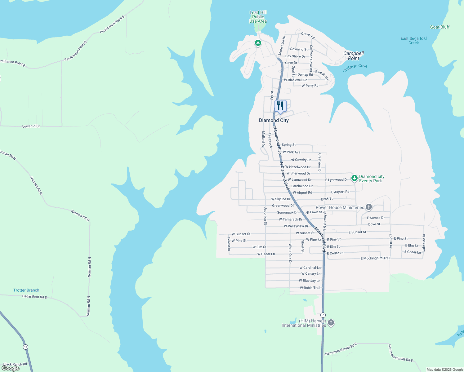 map of restaurants, bars, coffee shops, grocery stores, and more near 727 Larchwood Drive in Lead Hill