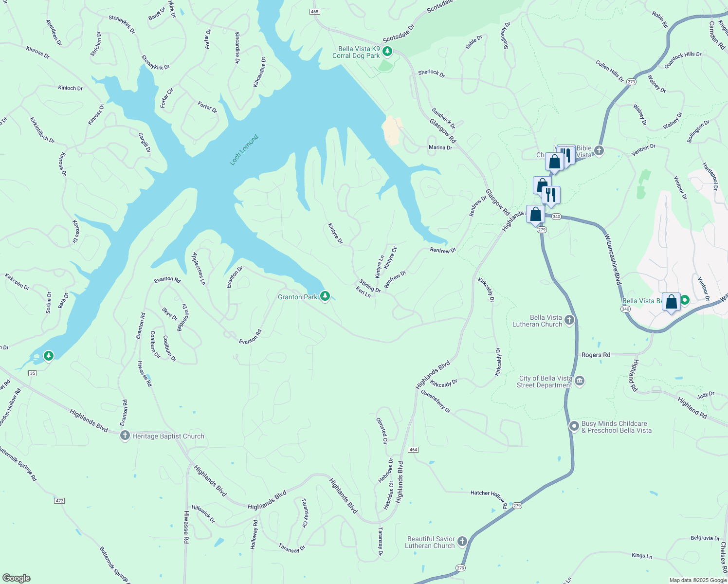 map of restaurants, bars, coffee shops, grocery stores, and more near 1 Kintyre Lane in Bella Vista