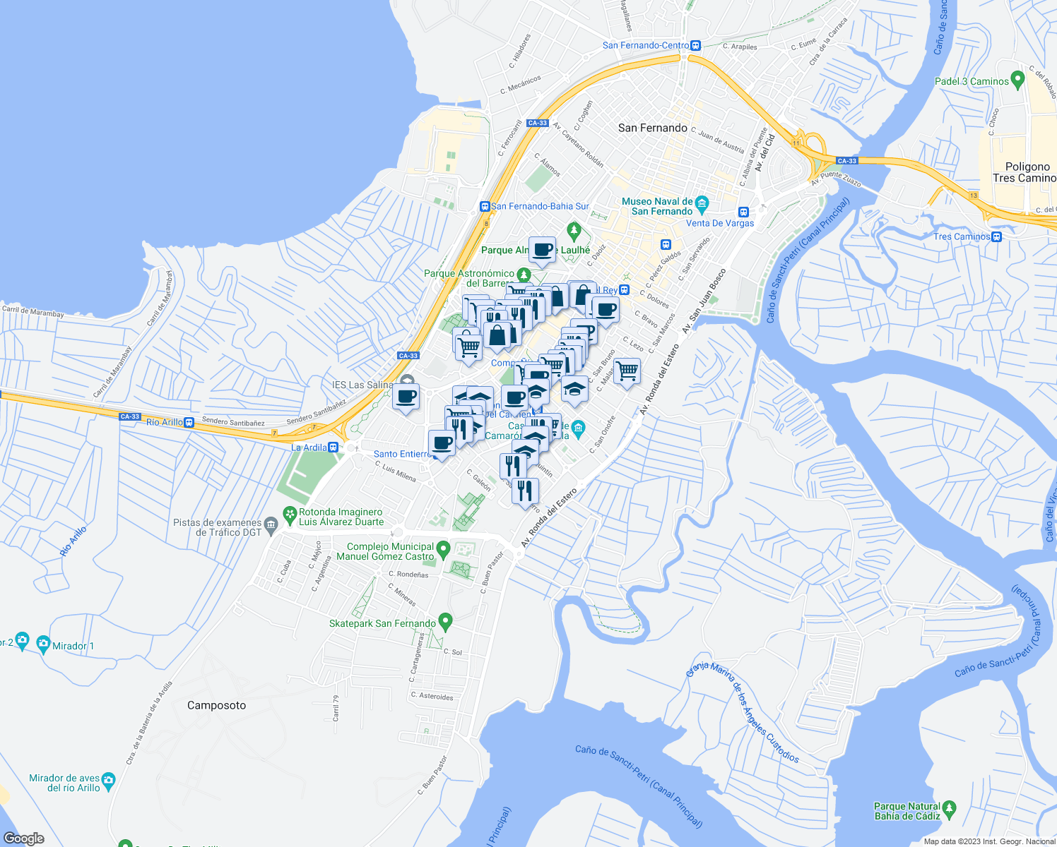 map of restaurants, bars, coffee shops, grocery stores, and more near 229 Calle Real in San Fernando
