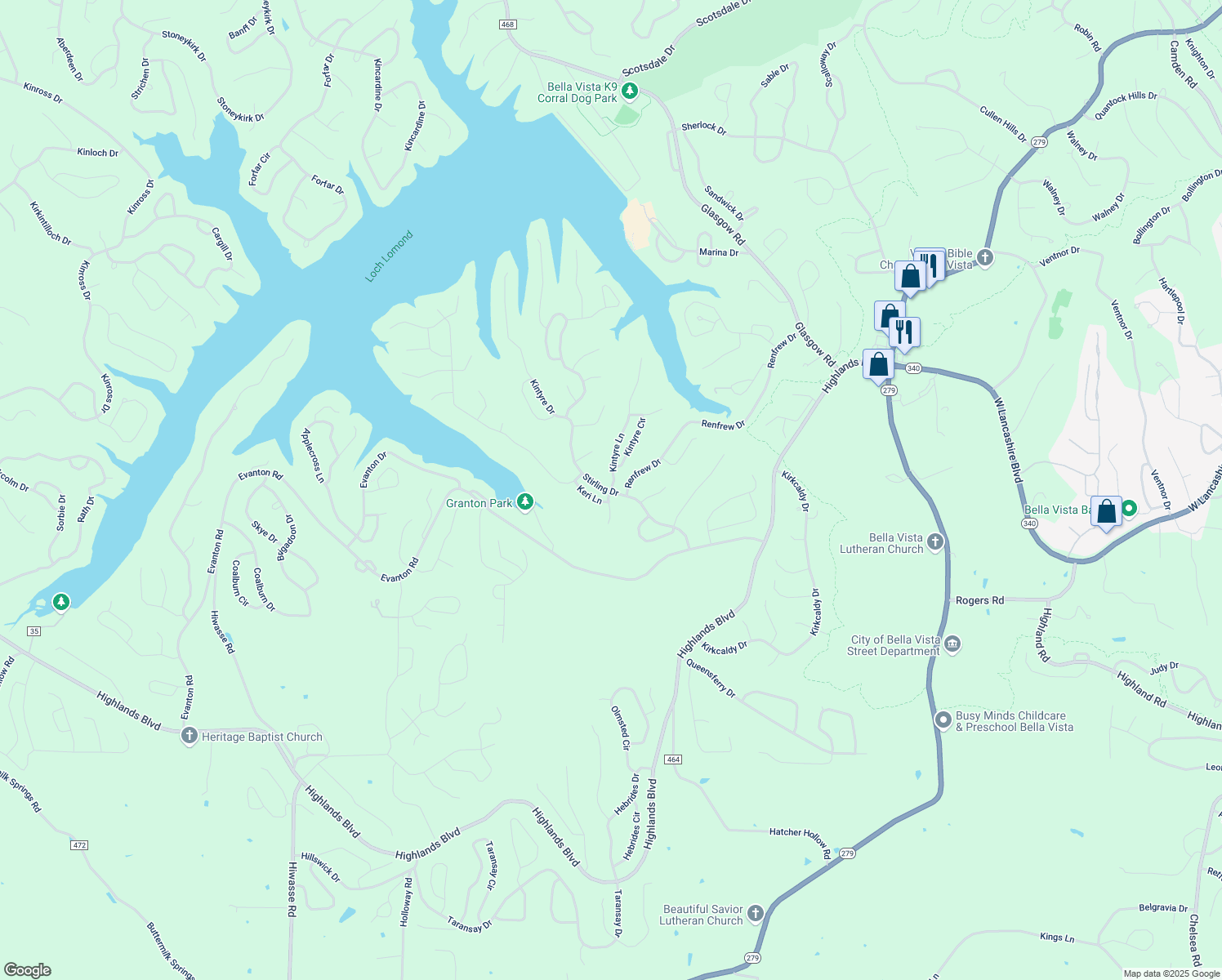 map of restaurants, bars, coffee shops, grocery stores, and more near 1 Kintyre Lane in Bella Vista