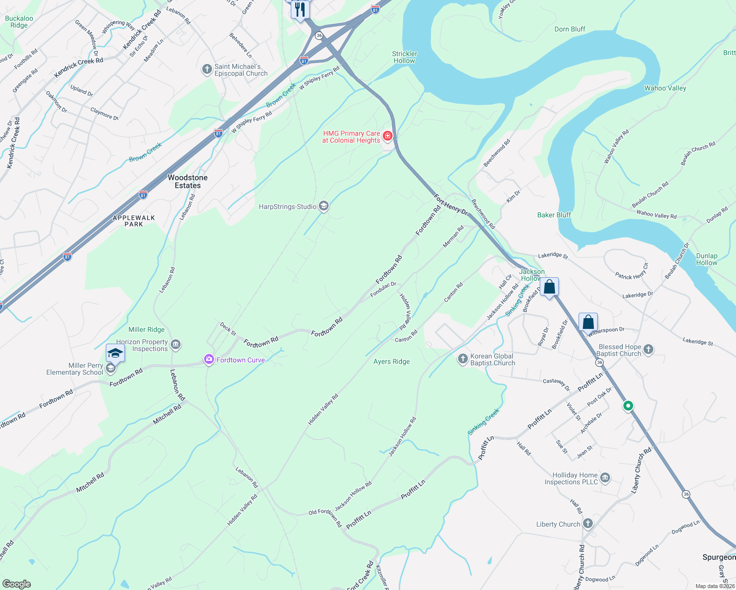 map of restaurants, bars, coffee shops, grocery stores, and more near 425 Fondulac Drive in Kingsport