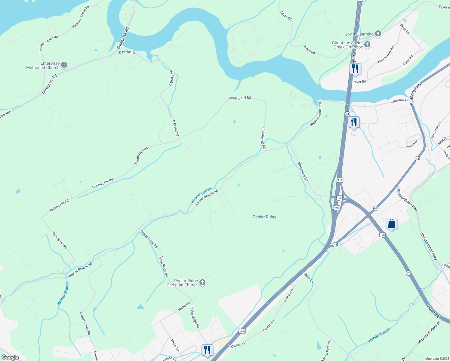 map of restaurants, bars, coffee shops, grocery stores, and more near 876 Weaver Branch Rd in Bluff City