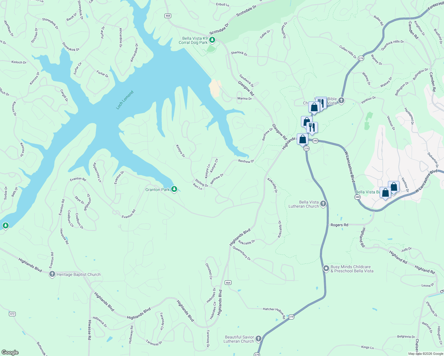 map of restaurants, bars, coffee shops, grocery stores, and more near 50 Renfrew Drive in Bella Vista