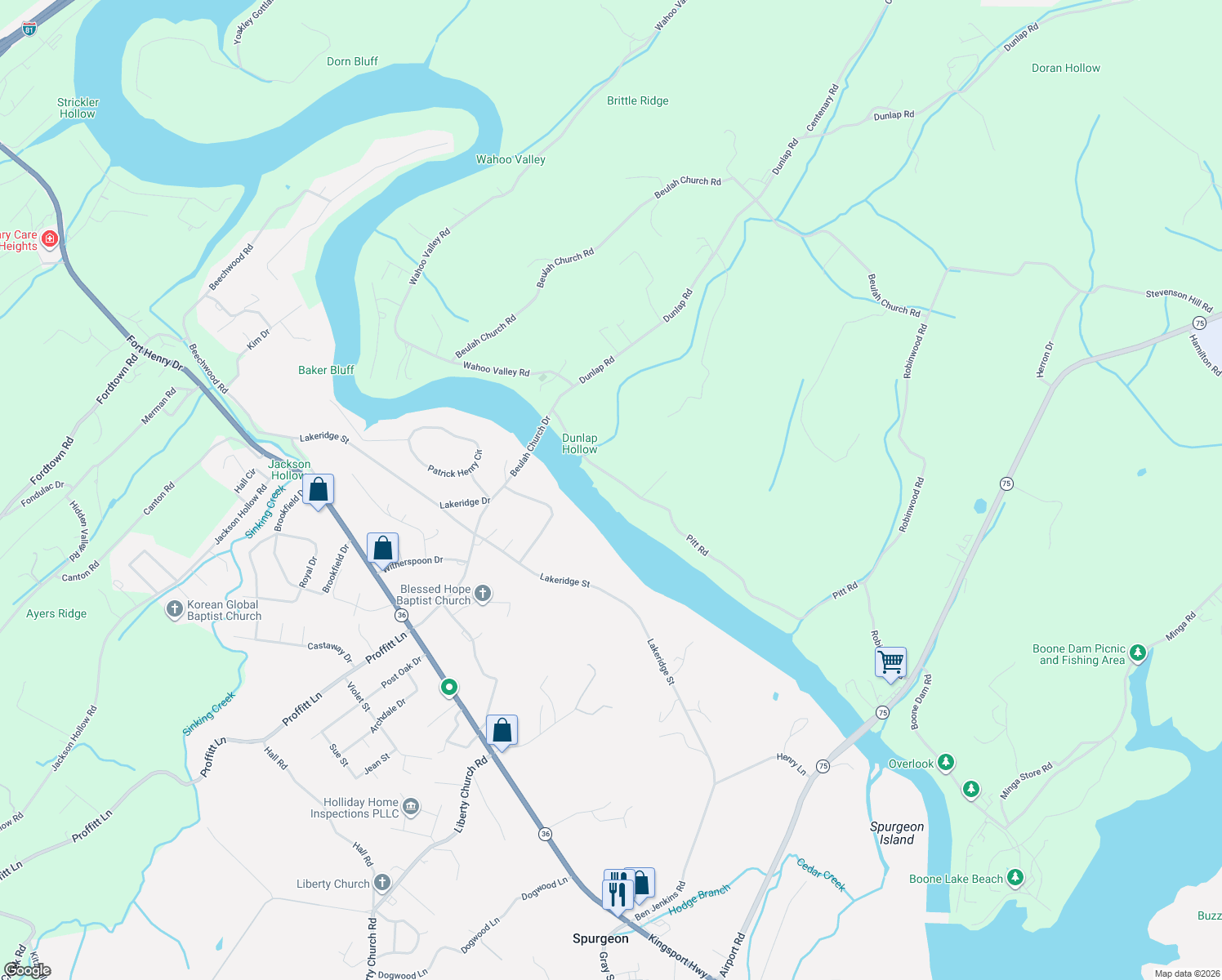 map of restaurants, bars, coffee shops, grocery stores, and more near 579 Pitt Rd in Kingsport