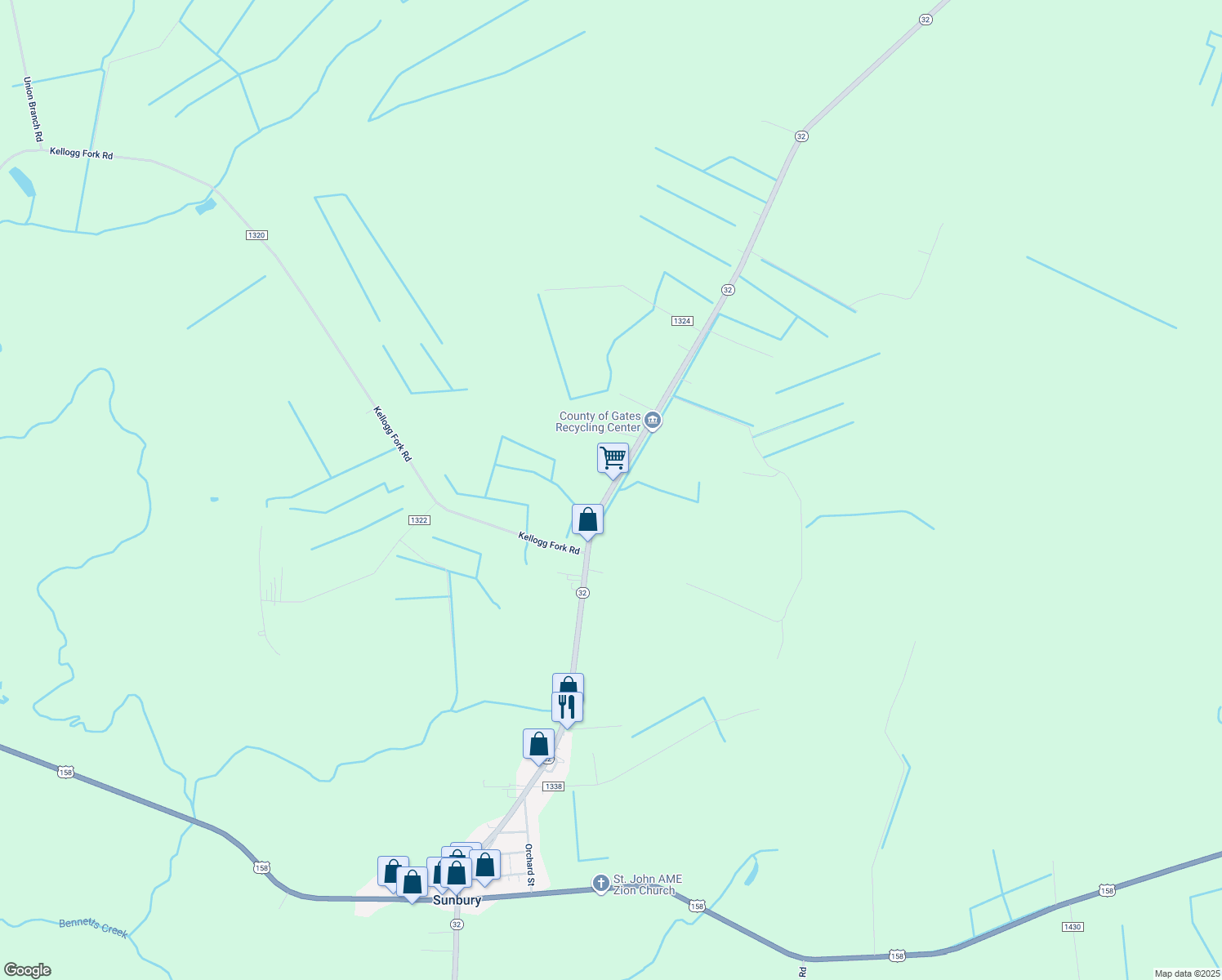 map of restaurants, bars, coffee shops, grocery stores, and more near 365 Highway 32 in Sunbury