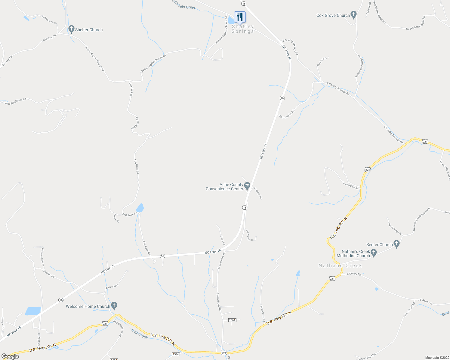 map of restaurants, bars, coffee shops, grocery stores, and more near 135 Lane L Massey Road in Crumpler