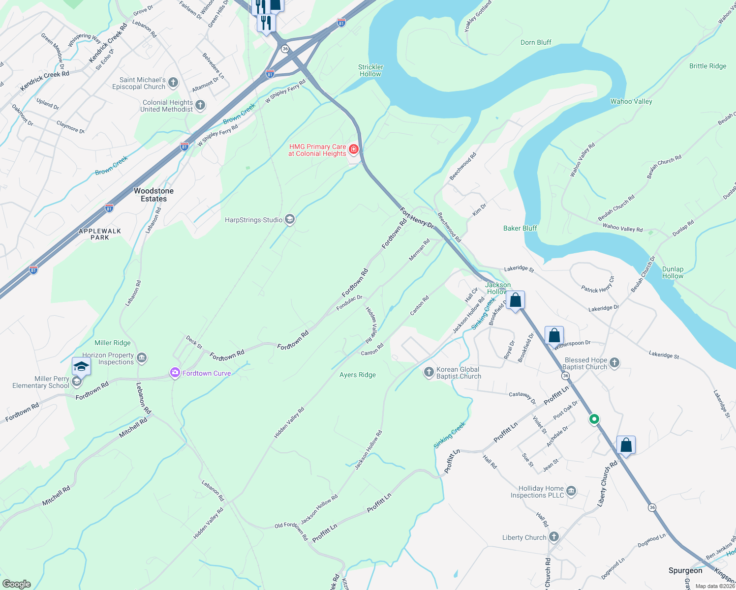 map of restaurants, bars, coffee shops, grocery stores, and more near 316 Merman Road in Kingsport