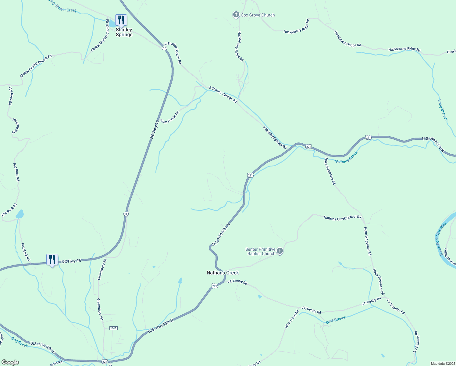 map of restaurants, bars, coffee shops, grocery stores, and more near 7097 U.S. Highway 221 North in Crumpler