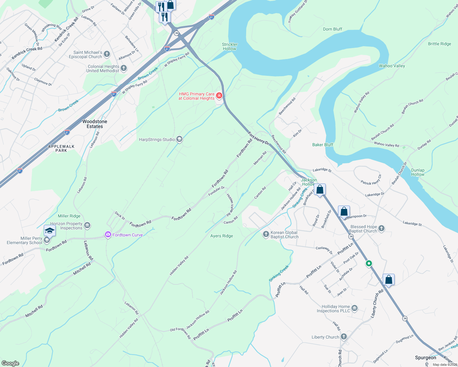 map of restaurants, bars, coffee shops, grocery stores, and more near 316 Merman Road in Kingsport