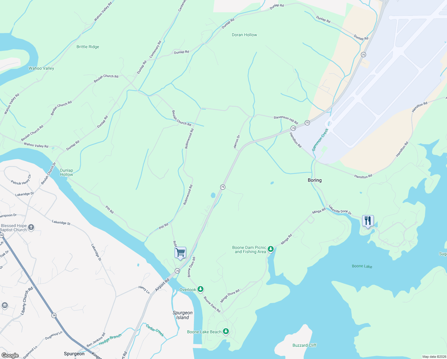 map of restaurants, bars, coffee shops, grocery stores, and more near 3414 Tennessee 75 in Kingsport