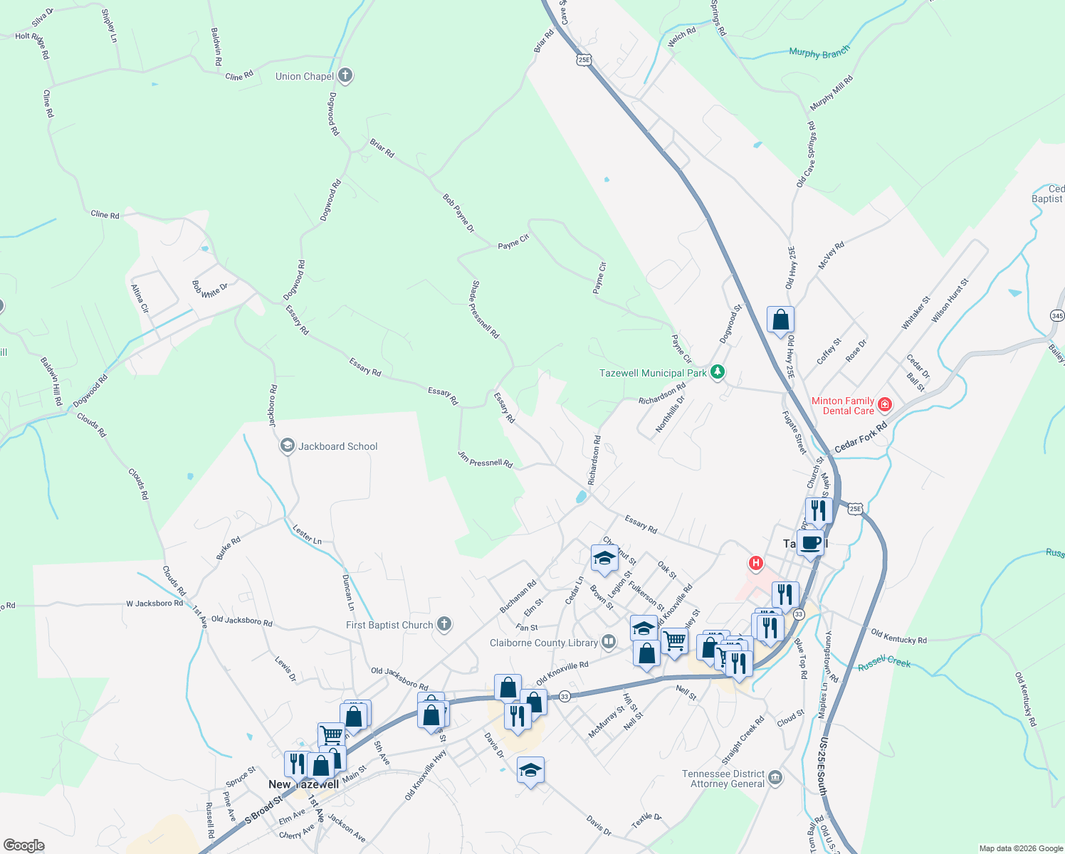 map of restaurants, bars, coffee shops, grocery stores, and more near 720 Essary Rd in Tazewell