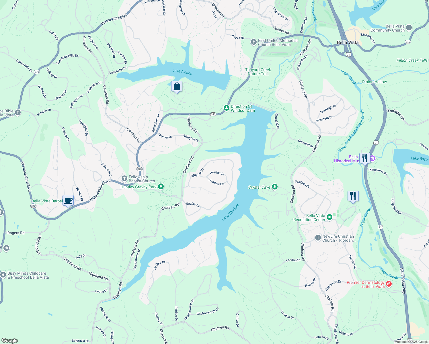 map of restaurants, bars, coffee shops, grocery stores, and more near 28 Heather Drive in Bella Vista