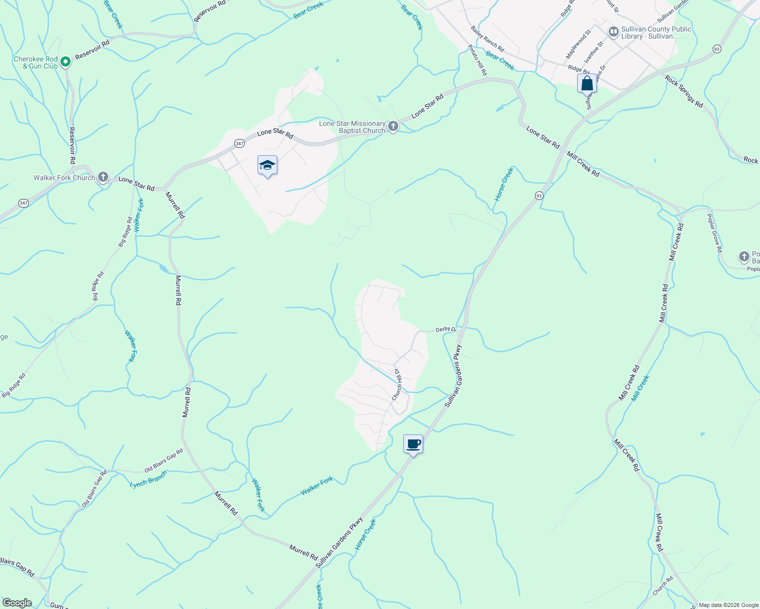 map of restaurants, bars, coffee shops, grocery stores, and more near 117 Mimi Court in Kingsport