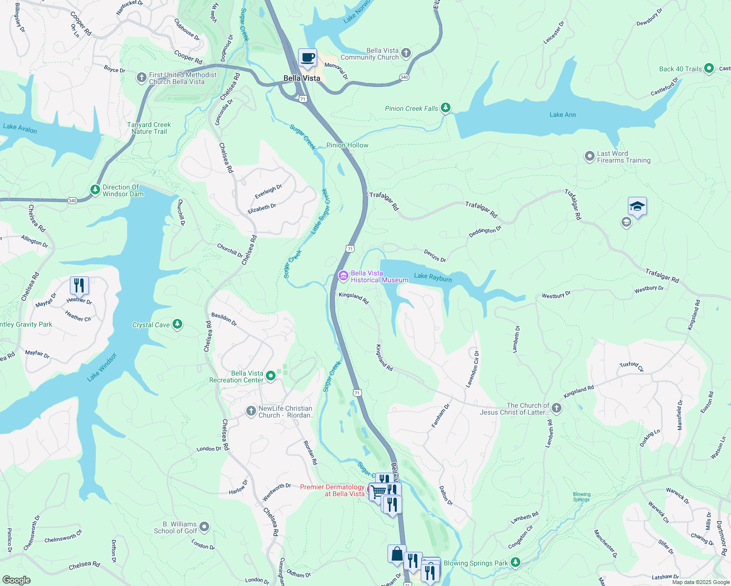 map of restaurants, bars, coffee shops, grocery stores, and more near 13 Alyce Lane in Bella Vista