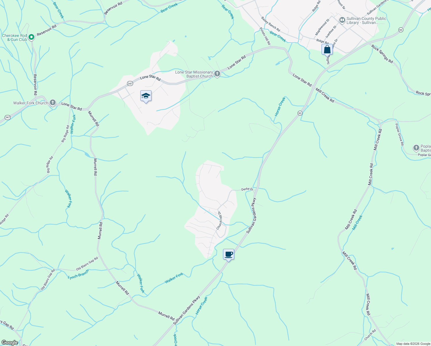 map of restaurants, bars, coffee shops, grocery stores, and more near 117 Mimi Court in Kingsport
