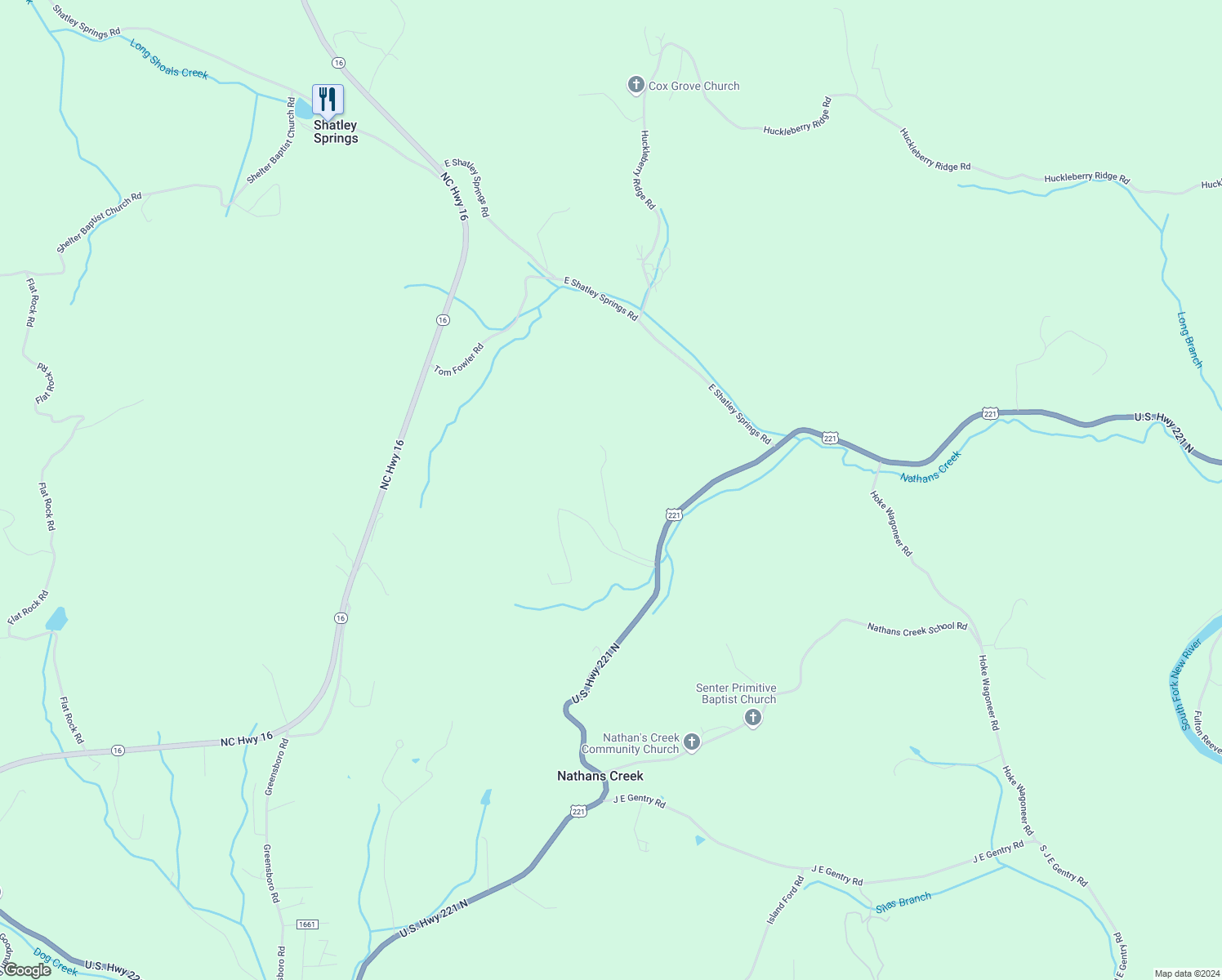 map of restaurants, bars, coffee shops, grocery stores, and more near 7097 U.S. Highway 221 North in Crumpler