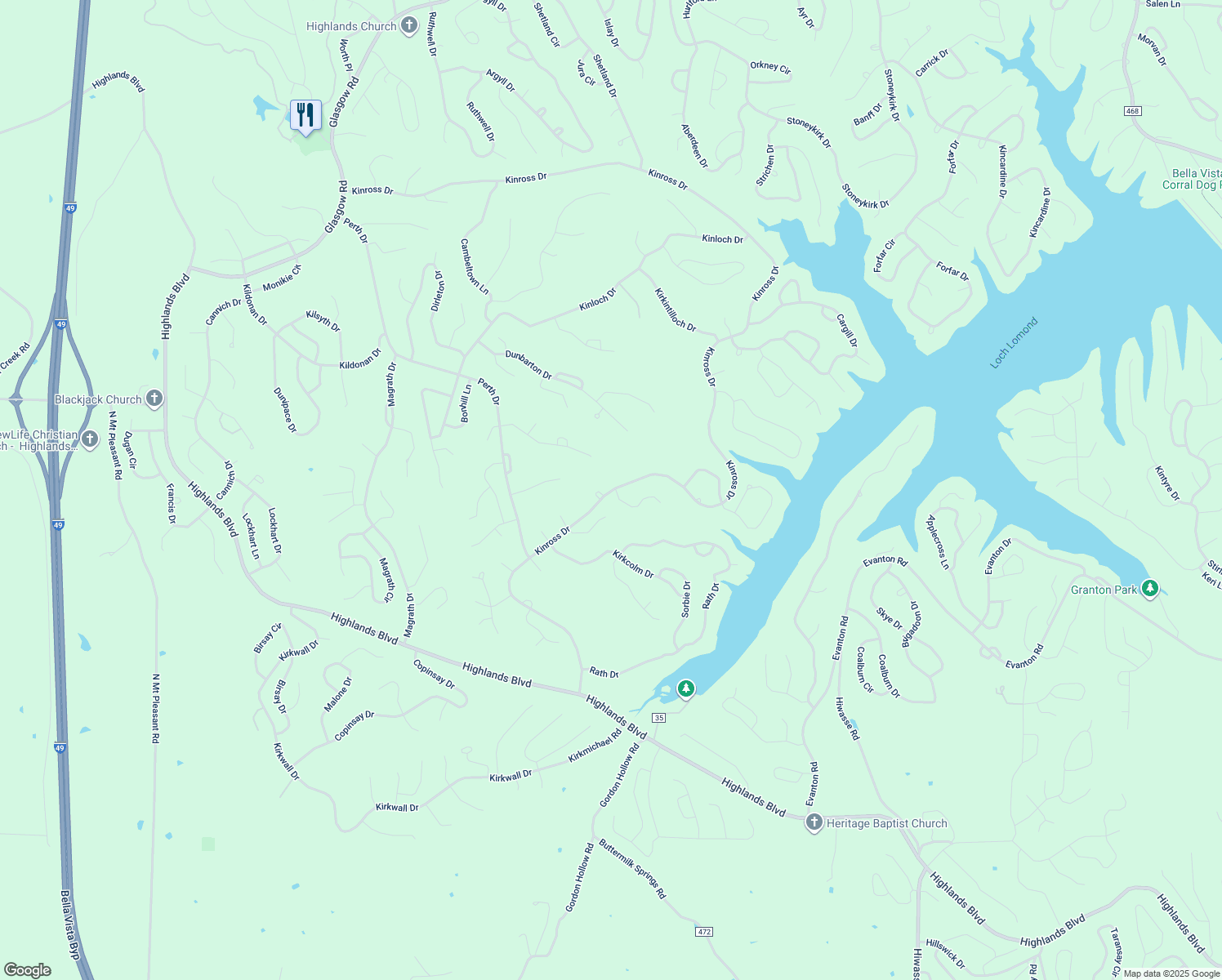 map of restaurants, bars, coffee shops, grocery stores, and more near Kinross Drive in Bella Vista