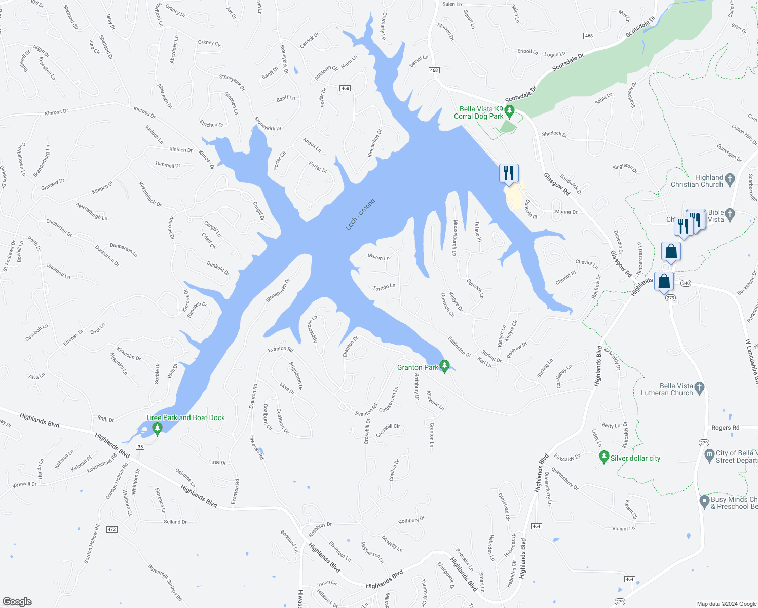map of restaurants, bars, coffee shops, grocery stores, and more near 9 Corpach Ln in Bella Vista