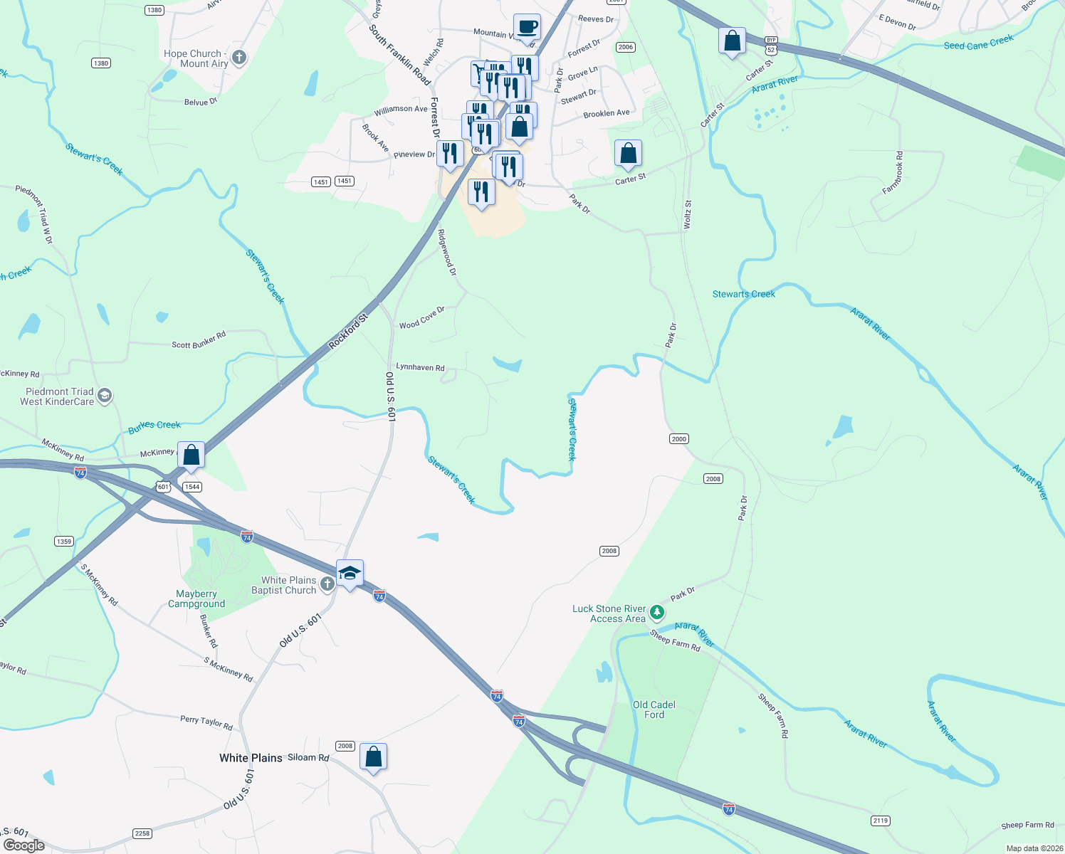 map of restaurants, bars, coffee shops, grocery stores, and more near 310 Lynnhaven Road in Mount Airy